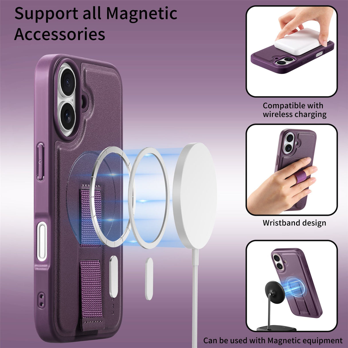 iPhone 16 Hard Plast Deksel m. Kunstskinn Bakside & Fingerrem - MagSafe Kompatibel - Lilla
