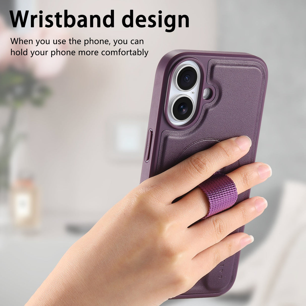 iPhone 16 Hard Plast Deksel m. Kunstskinn Bakside & Fingerrem - MagSafe Kompatibel - Lilla