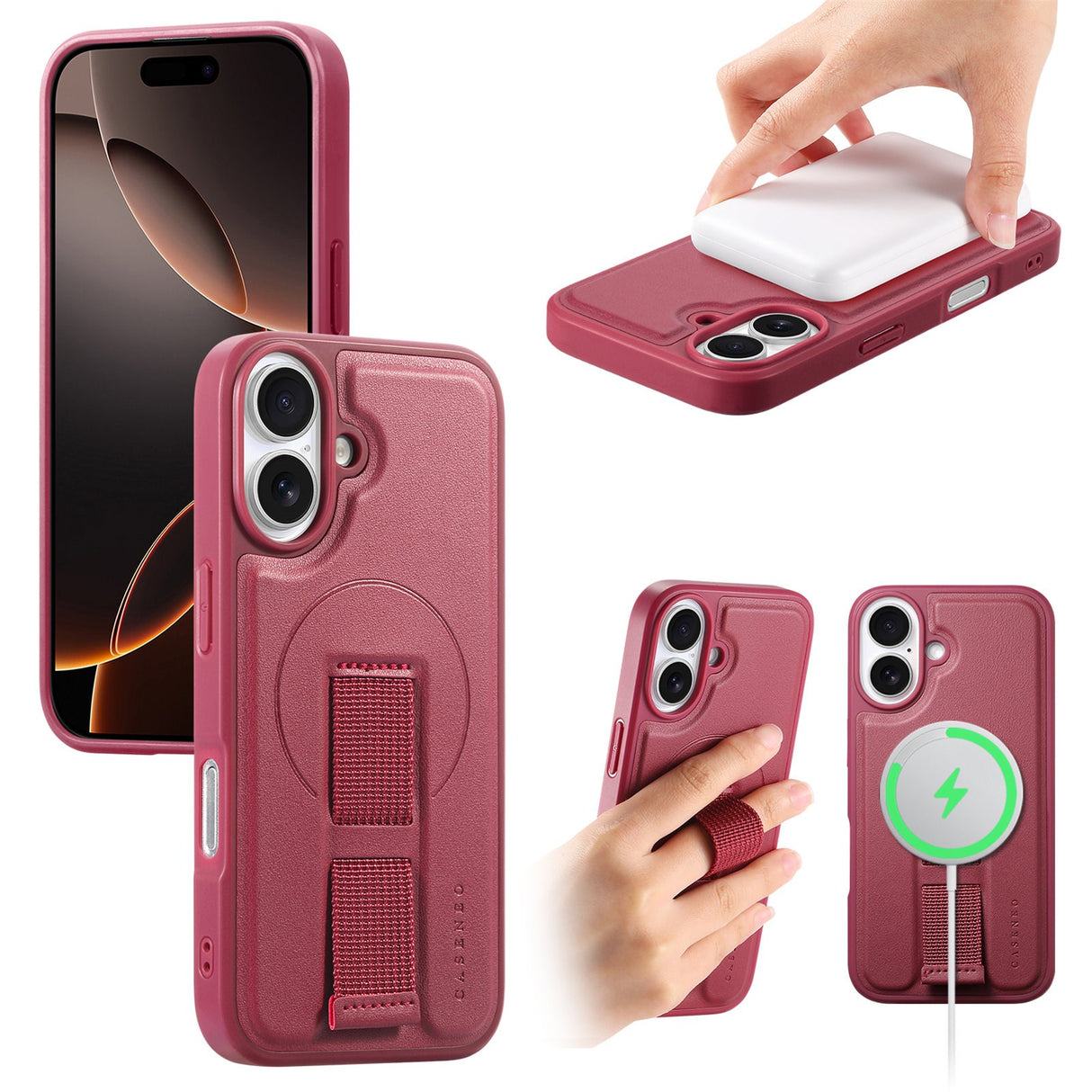 iPhone 16 Hard Plast Deksel m. Kunstskinn Bakside & Fingerrem - MagSafe Kompatibel - Rød