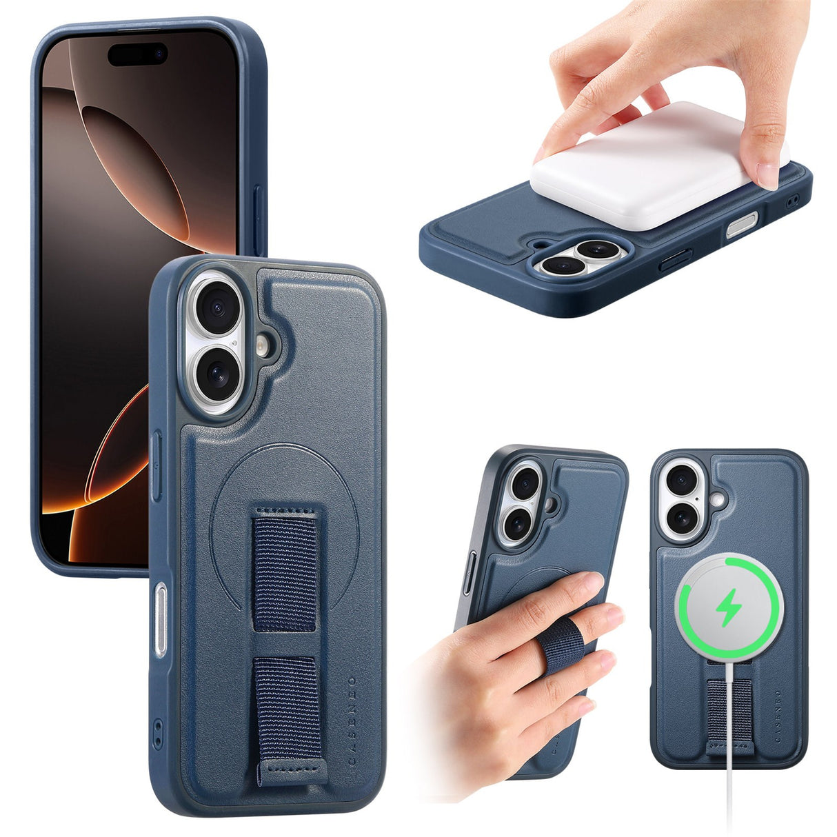 iPhone 16 Hard Plast Deksel m. Kunstskinn Bakside & Fingerrem - MagSafe Kompatibel - Blå