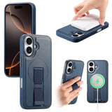 iPhone 16 Hard Plast Deksel m. Kunstskinn Bakside & Fingerrem - MagSafe Kompatibel - Blå