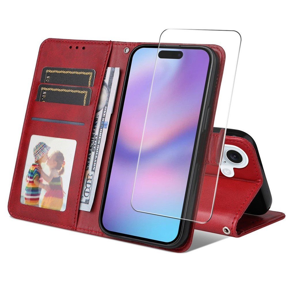 EIDERWOOD iPhone 17 2-i-1 Kunstskinn Flip Deksel med Skjermbeskyttelsesglass - Rød
