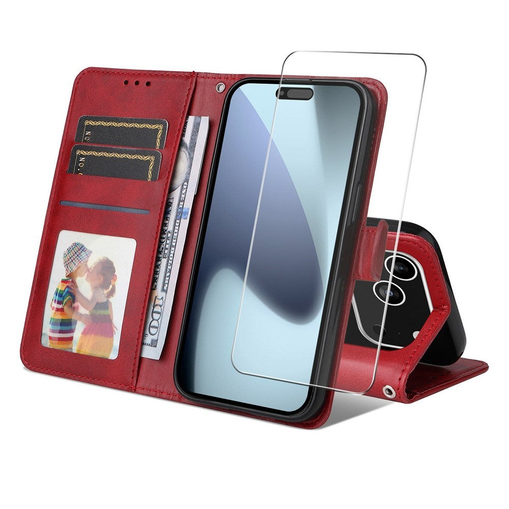 EIDERWOOD iPhone 17 Pro 2-i-1 Kunstskinn Flip Deksel med Skjermbeskyttelsesglass - Rød