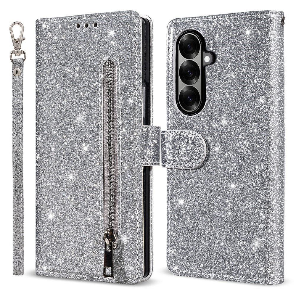 EIDERWOOD Samsung Galaxy Z Fold7 Glitter Flip Deksel m. Lommebok & Stropp - Sølv
