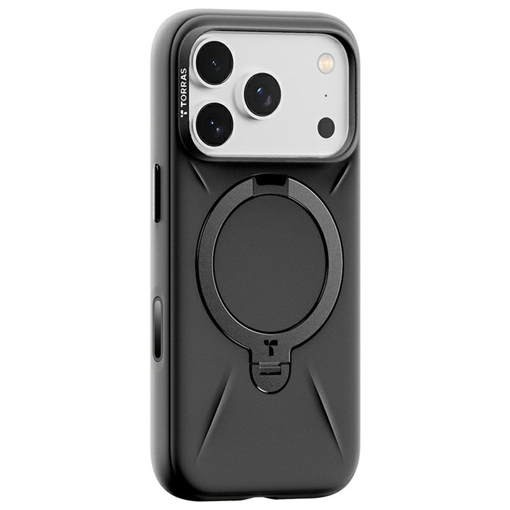 TORRAS iPhone 17 Pro Ostand Spin Silikon Deksel m. Roterende Kickstand - MagSafe Kompatibel - Svart