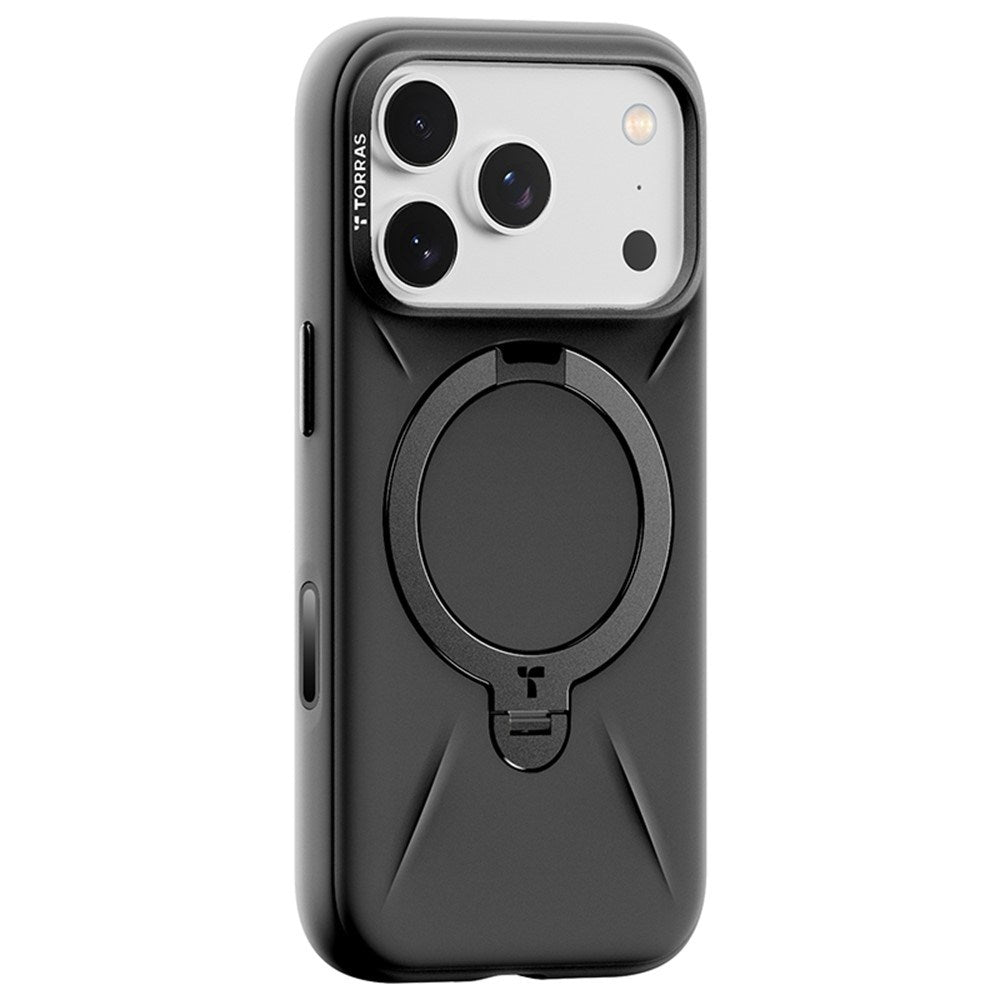 TORRAS iPhone 17 Pro Max Ostand Spin Silikon Deksel m. Roterende Kickstand - MagSafe Kompatibel - Svart