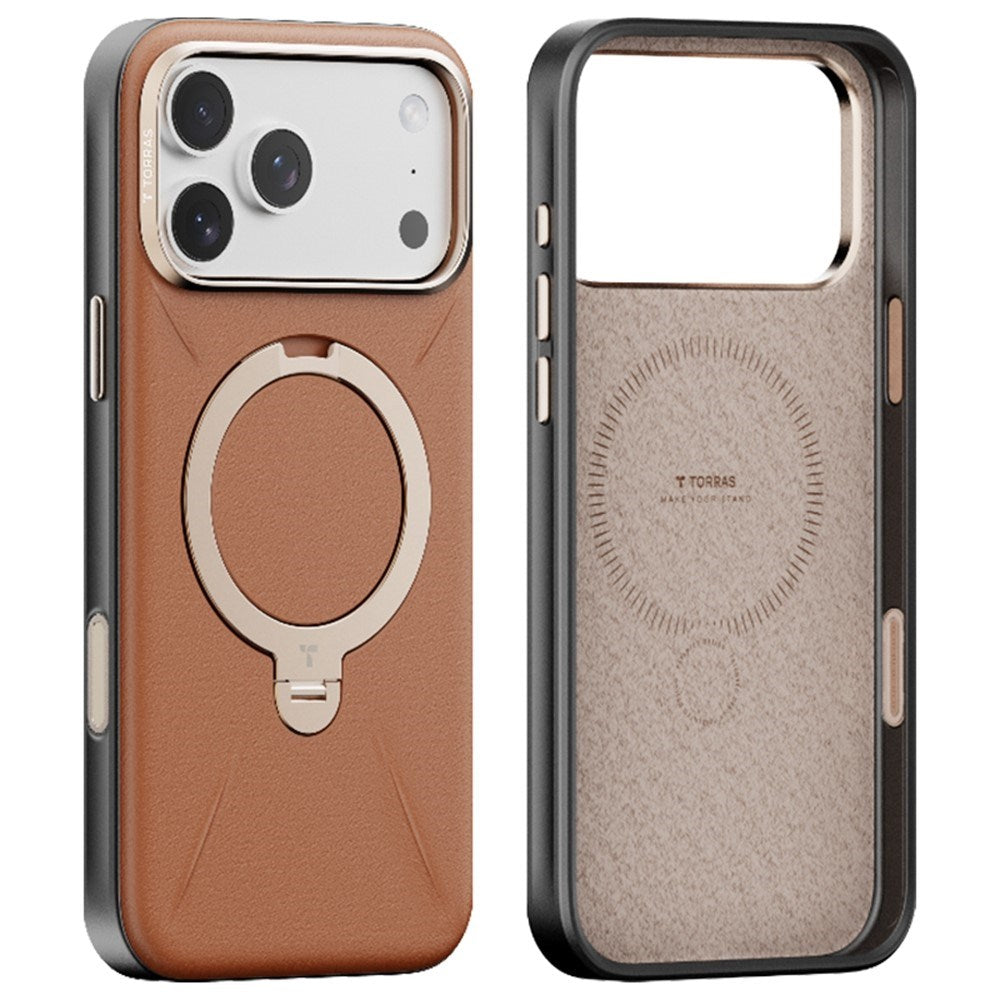 TORRAS iPhone 17 Pro Ostand Spin Kunstskinn Deksel m. Roterende Kickstand - MagSafe Kompatibel - Brun