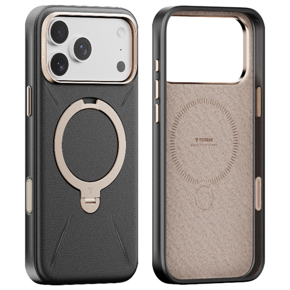 TORRAS iPhone 17 Pro Ostand Spin Kunstskinn Deksel m. Roterende Kickstand - MagSafe Kompatibel - Svart