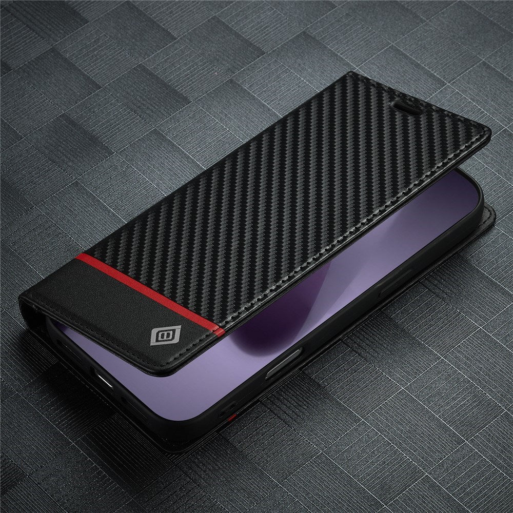 iPhone 18 Pro Max / 17 Pro Max LC.IMEEKE Kunstskinn Flip Deksel med Karbonfiber - Svart / Rød Horisontal Stripe