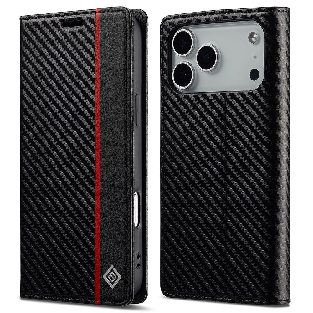 iPhone 18 Pro Max / 17 Pro Max LC.IMEEKE Kunstskinn Flip Deksel med Karbonfiber - Svart / Rød Vertikal Stripe