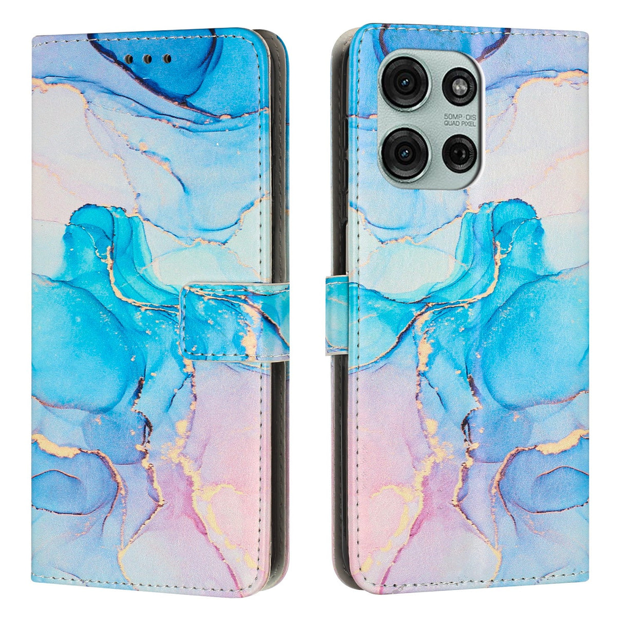 EIDERWOOD Motorola Moto G56 Marmor Mønstret Kunstskinn Flip Deksel m. Stropp - Rosa / Blå