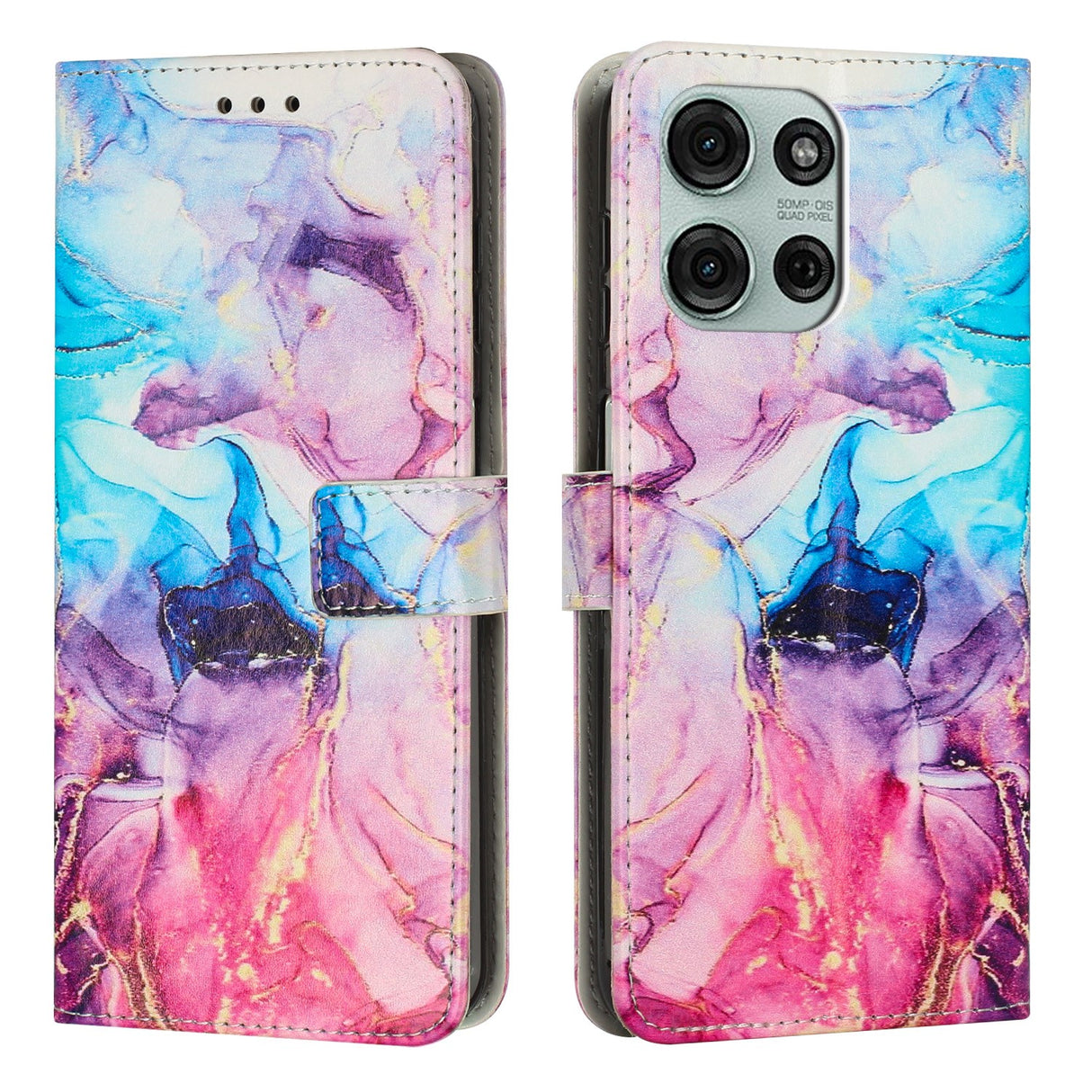 EIDERWOOD Motorola Moto G56 Marmor Mønstret Kunstskinn Flip Deksel m. Stropp - Rosa / Lilla