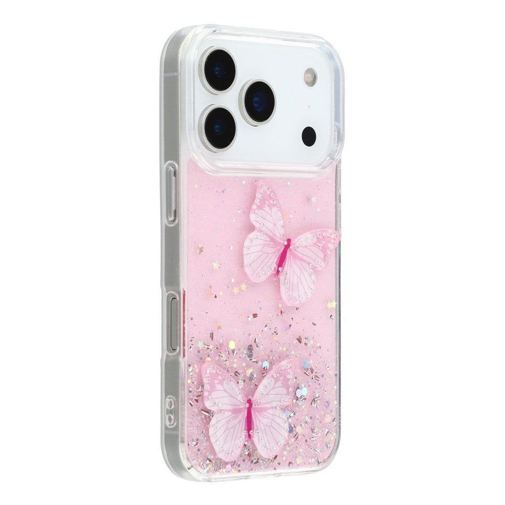EIDERWOOD iPhone 17 Pro Fleksibelt Plast Deksel med Sommerfugler - Gjennomsiktig / Rosa