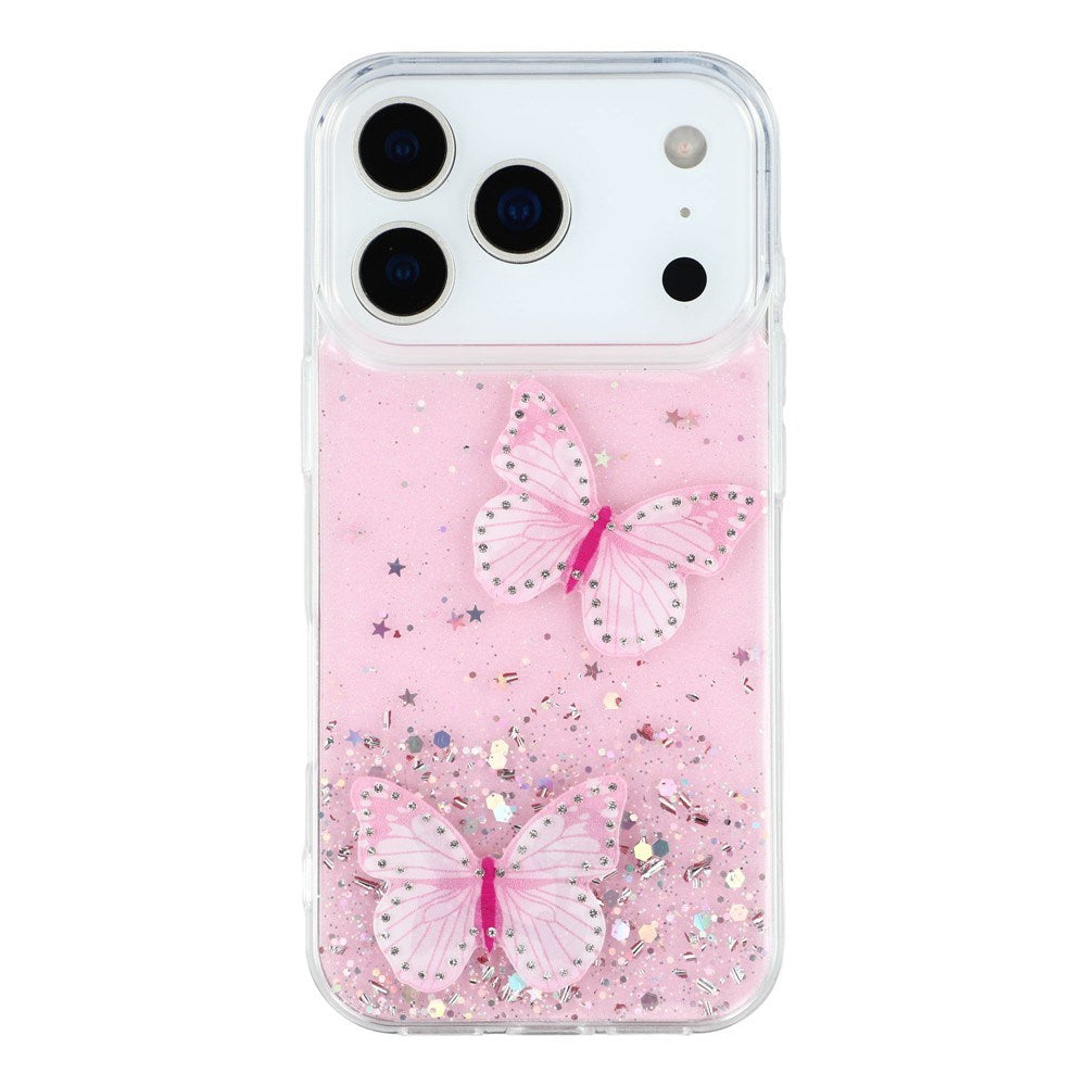 EIDERWOOD iPhone 17 Pro Fleksibelt Plast Deksel med Sommerfugler - Gjennomsiktig / Rosa