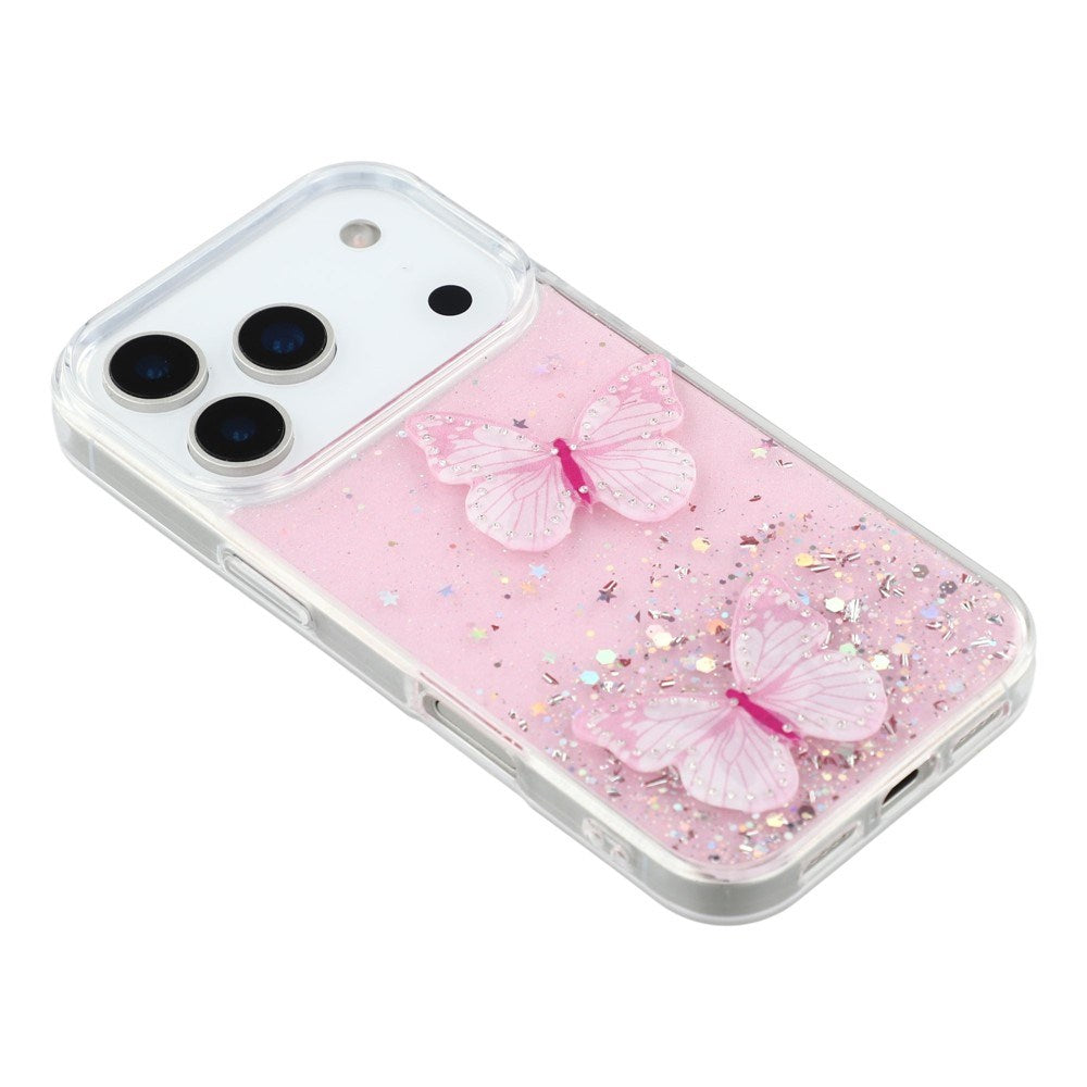 EIDERWOOD iPhone 17 Pro Fleksibelt Plast Deksel med Sommerfugler - Gjennomsiktig / Rosa