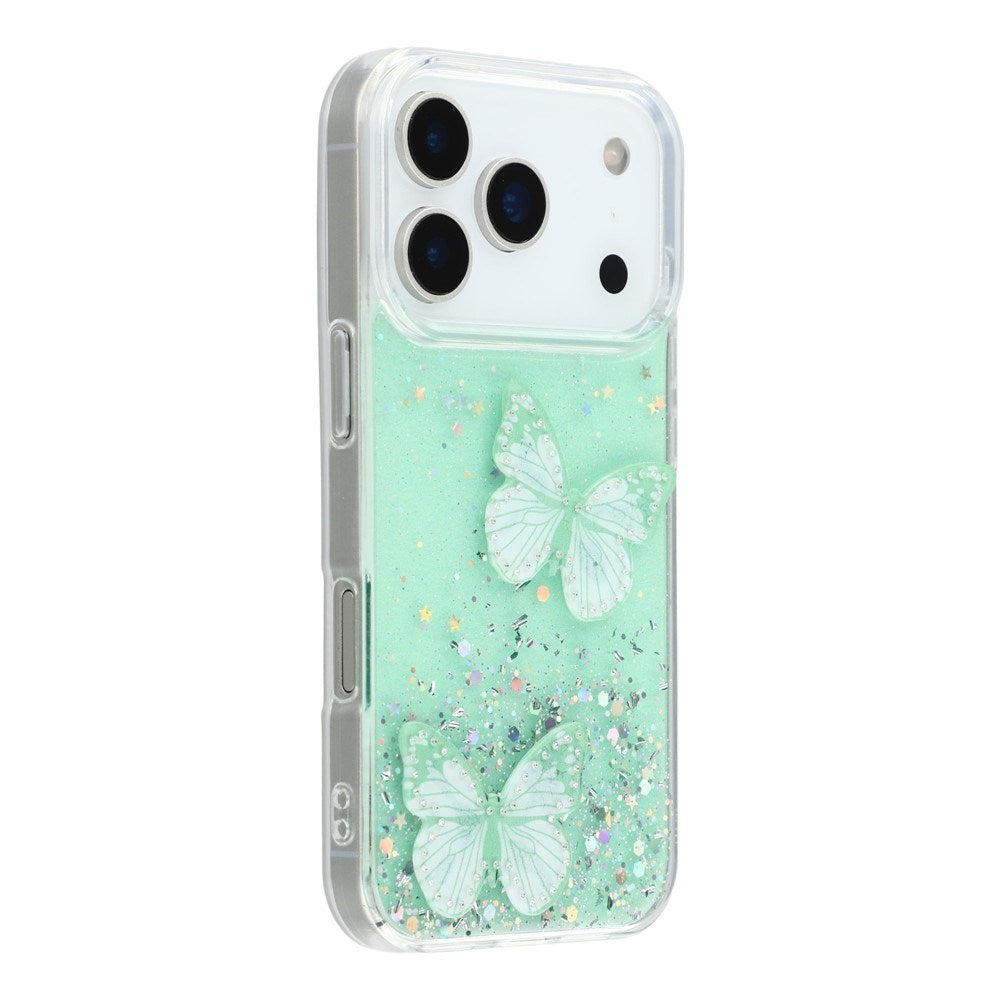 EIDERWOOD iPhone 17 Pro Max Fleksibelt Plast Deksel med Sommerfugler - Gjennomsiktig / Grønn