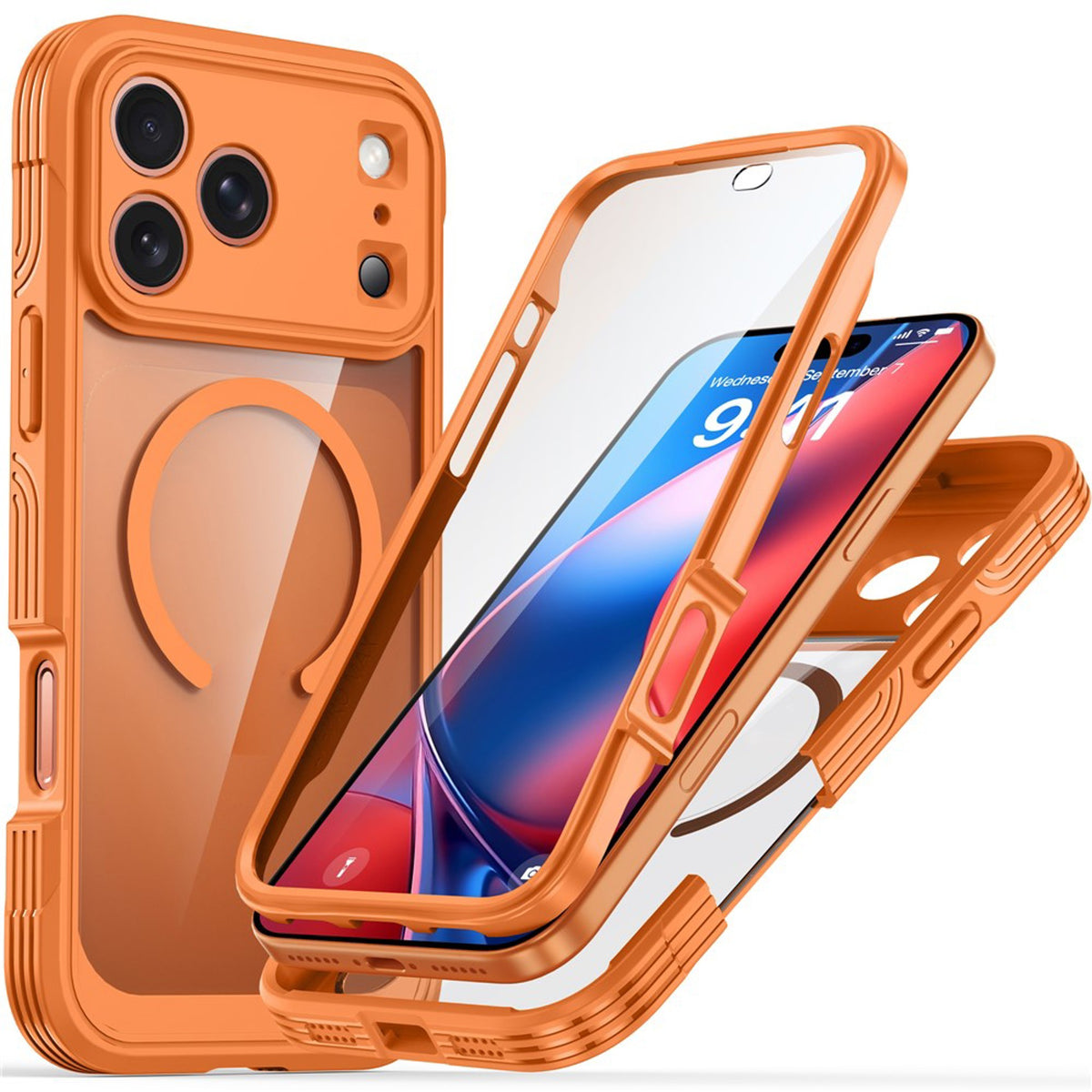 iPhone 18 Pro Max / 17 Pro Max Hybrid Plast Deksel m. Innebygd Skjermbeskyttelse - MagSafe Kompatibel - Gjennomsiktig / Oransje