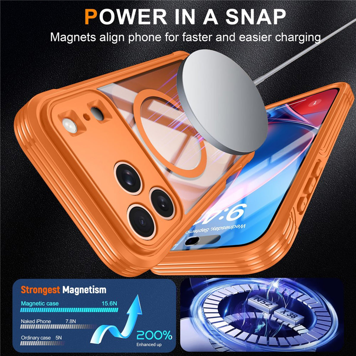 iPhone 18 Pro Max / 17 Pro Max Hybrid Plast Deksel m. Innebygd Skjermbeskyttelse - MagSafe Kompatibel - Gjennomsiktig / Oransje