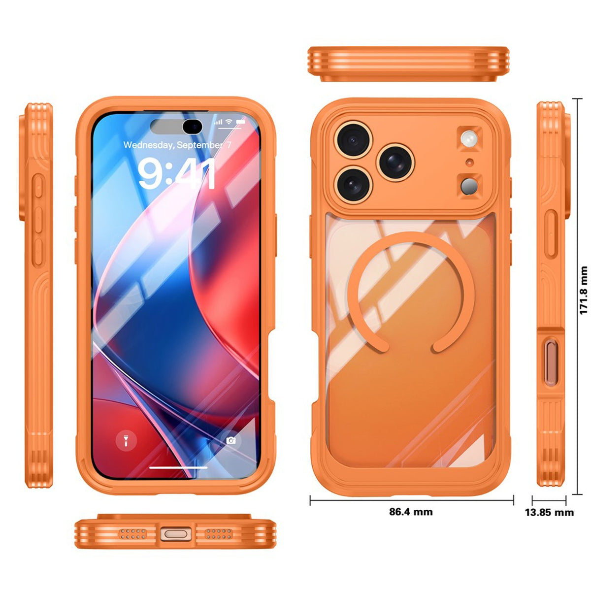 iPhone 18 Pro Max / 17 Pro Max Hybrid Plast Deksel m. Innebygd Skjermbeskyttelse - MagSafe Kompatibel - Gjennomsiktig / Oransje