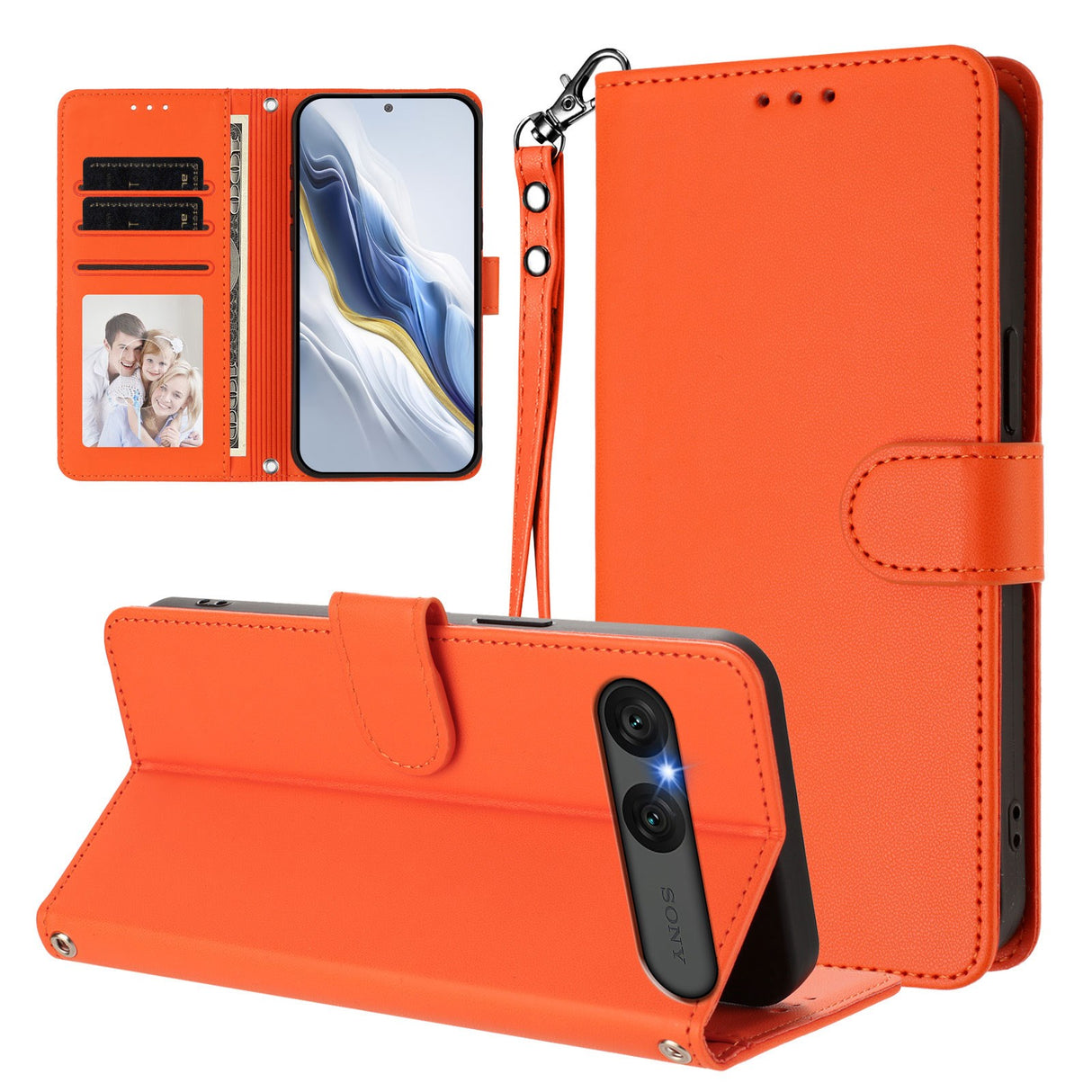 EIDERWOOD Sony Xperia 10 VII Kunstskinn Flip Deksel m. Kortholder & Stropp - Oransje