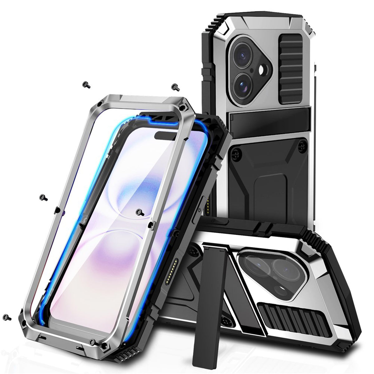 iPhone 17 R-JUST Hybrid Robust Deksel m. Innebygd Skjermbeskyttelse & Kickstand - Sølv