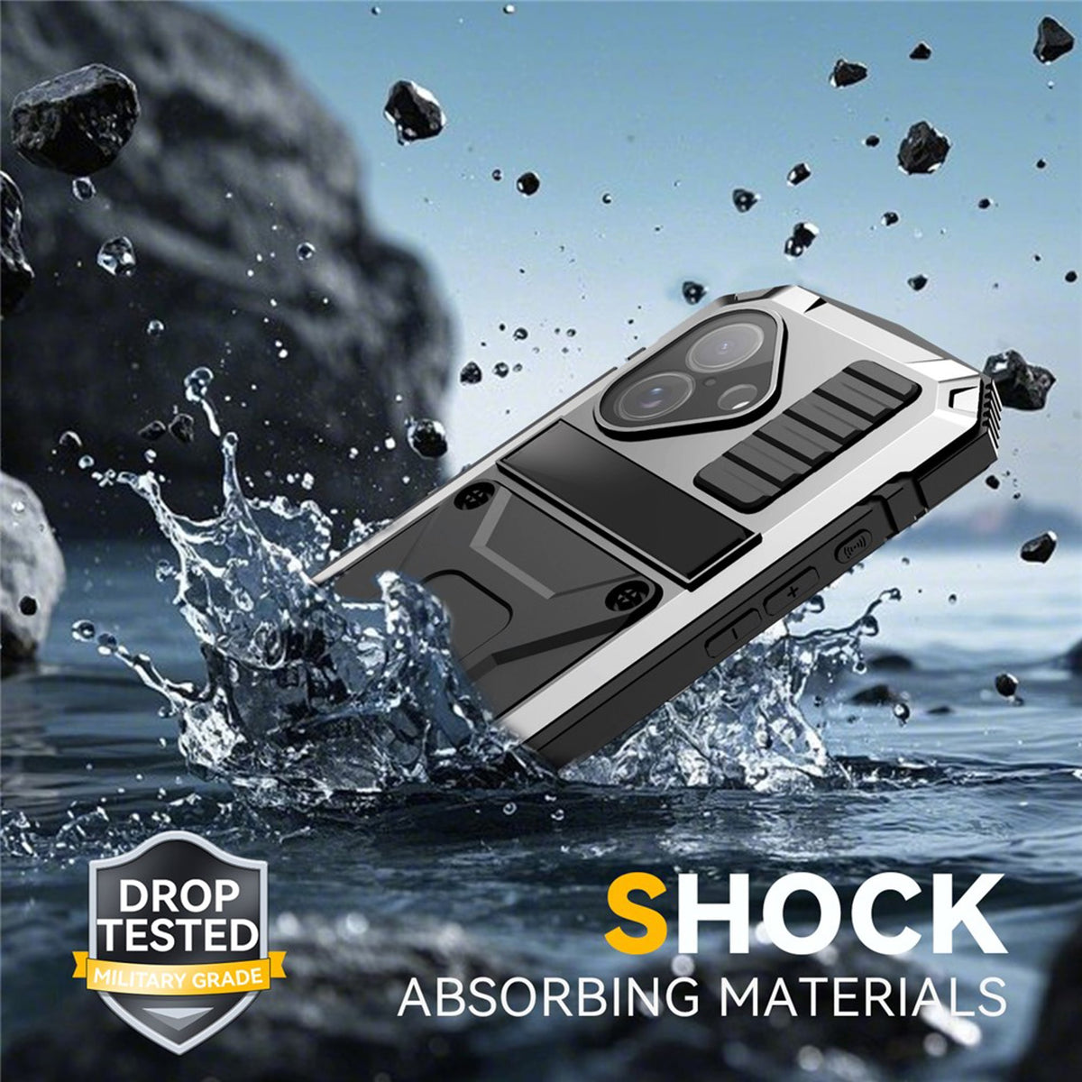 iPhone 17 R-JUST Hybrid Robust Deksel m. Innebygd Skjermbeskyttelse & Kickstand - Sølv