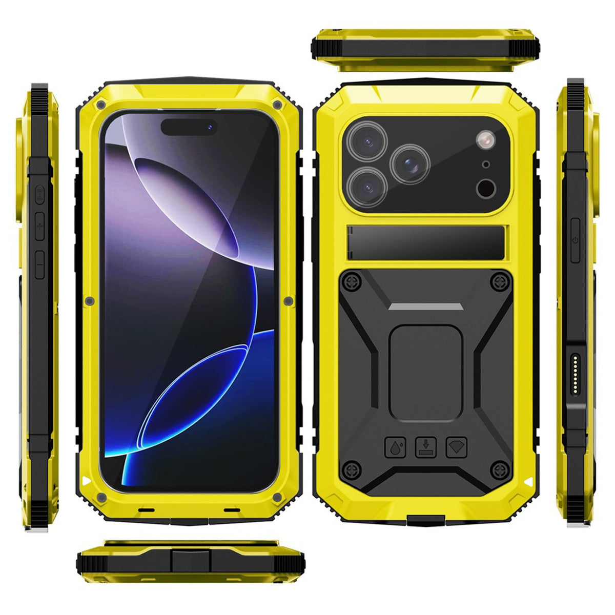 iPhone 18 Pro / 17 Pro R-JUST Hybrid Robust Deksel m. Innebygd Skjermbeskyttelse & Kickstand - Gul