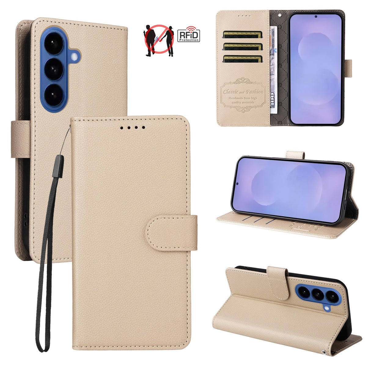 Samsung Galaxy S26 EIDERWOOD Kunstskinn Flip Deksel m. Strop - Beige