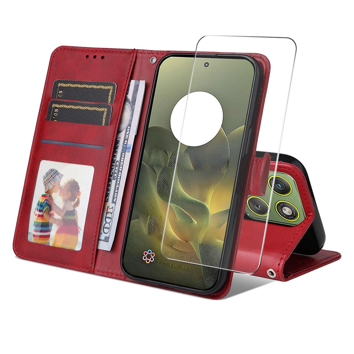 Motorola Edge 70 EIDERWOOD Kunstskinn Deksel med Skjermbeskyttelsesglass  & Kortholder – Rød
