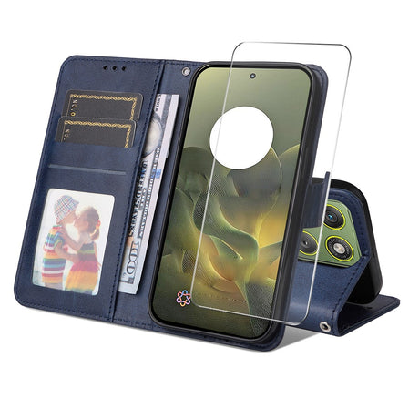 Motorola Edge 70 EIDERWOOD Kunstskinn Deksel med Skjermbeskyttelsesglass  & Kortholder – Blå
