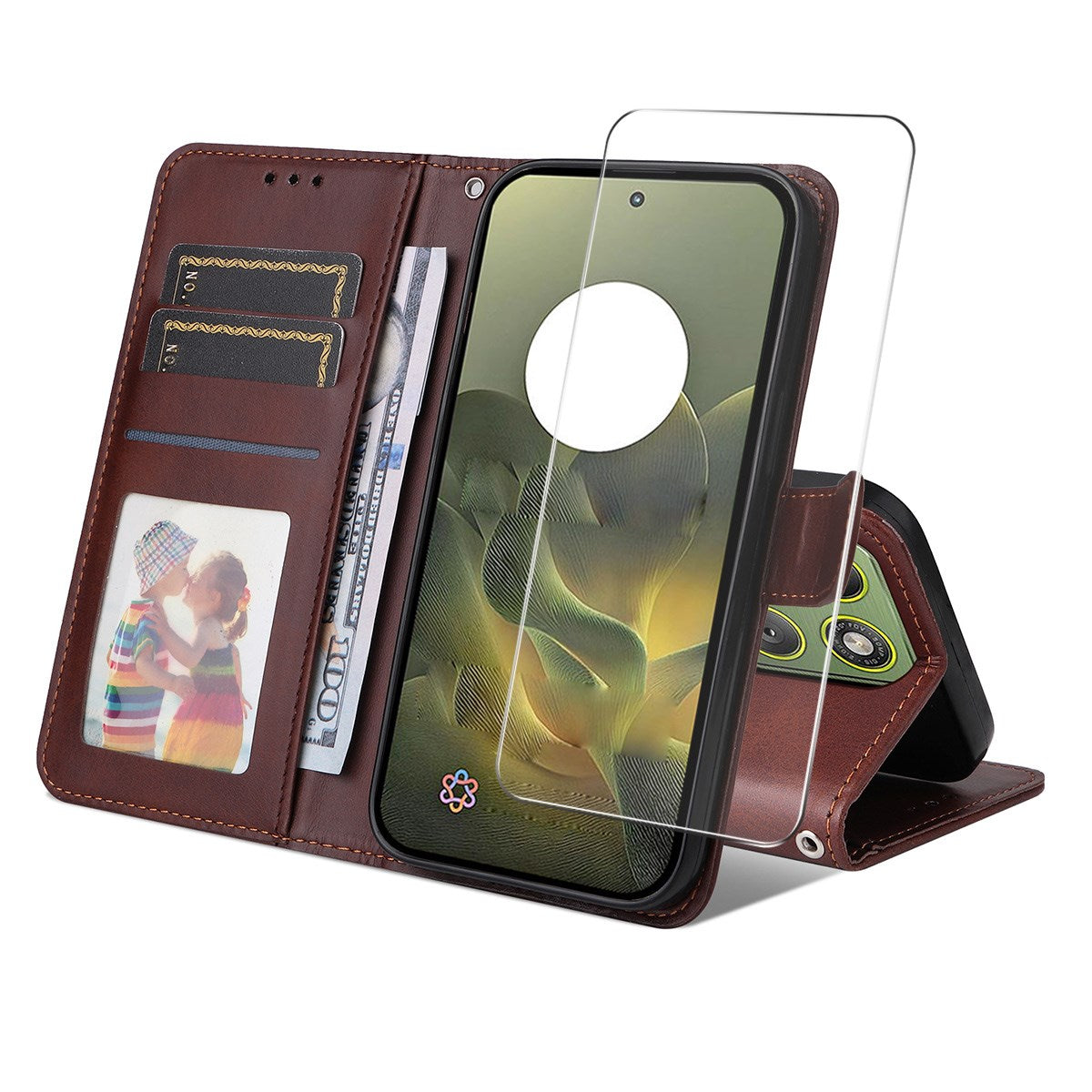 Motorola Edge 70 EIDERWOOD Kunstskinn Deksel med Skjermbeskyttelsesglass  & Kortholder – Brun