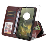 Motorola Edge 70 EIDERWOOD Kunstskinn Deksel med Skjermbeskyttelsesglass  & Kortholder – Brun