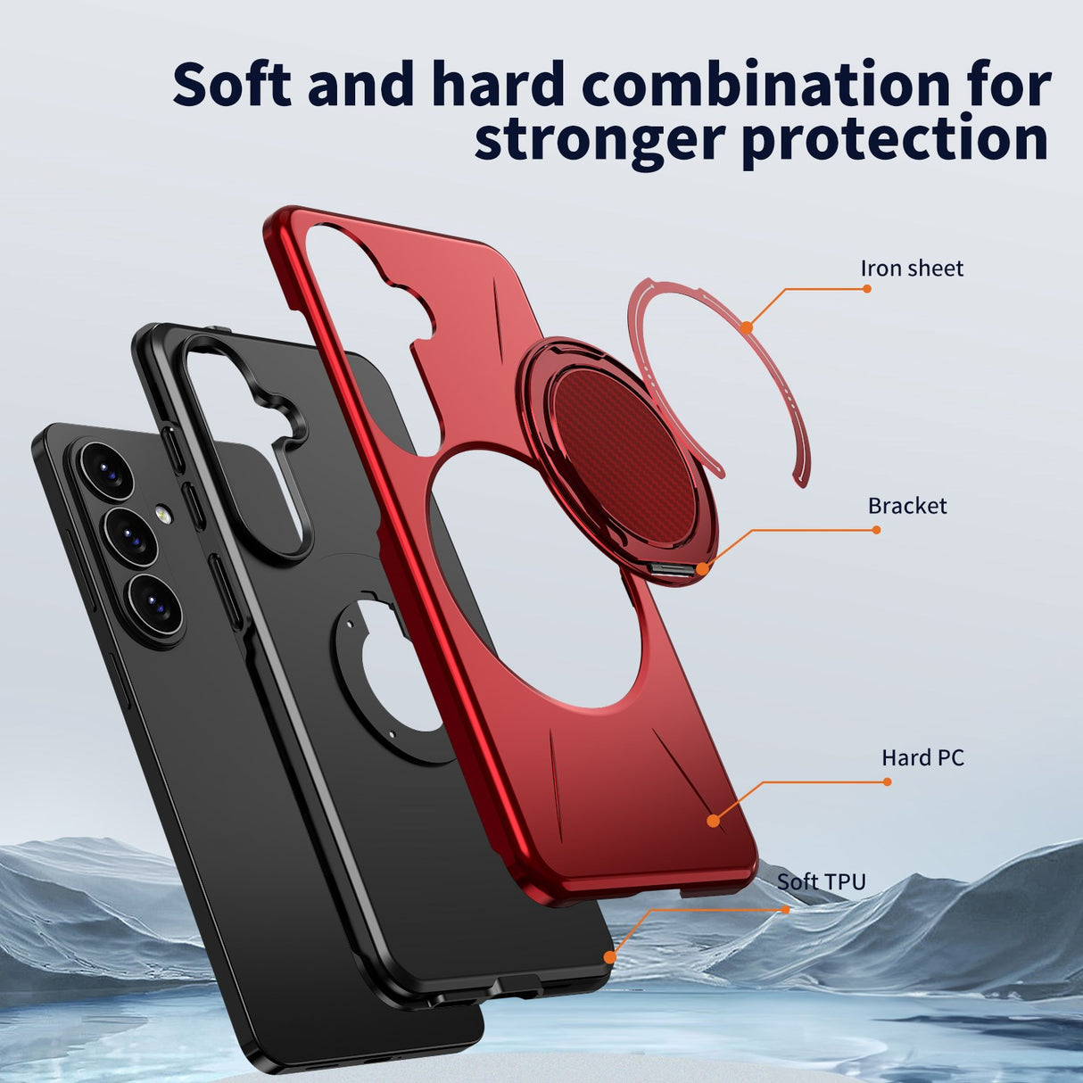 Samsung Galaxy S26 EIDERWOOD Hybrid Plast Deksel m. Roterende Kickstand - Rød