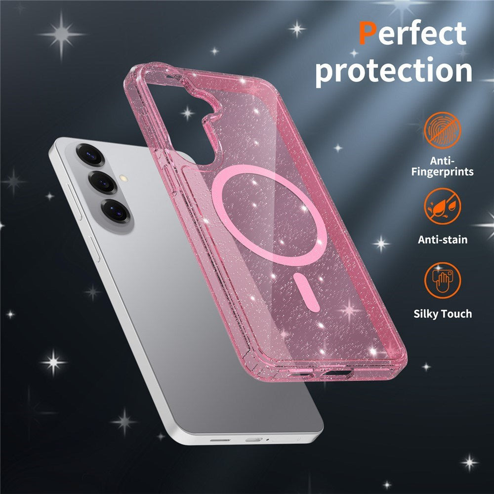Samsung Galaxy S26+ (Plus) EIDERWOOD Magnetisk Plast Glitter Deksel m. Skjermbeskyttelsesglass – MagSafe Kompatibel – Gjennomsiktig / Rosa