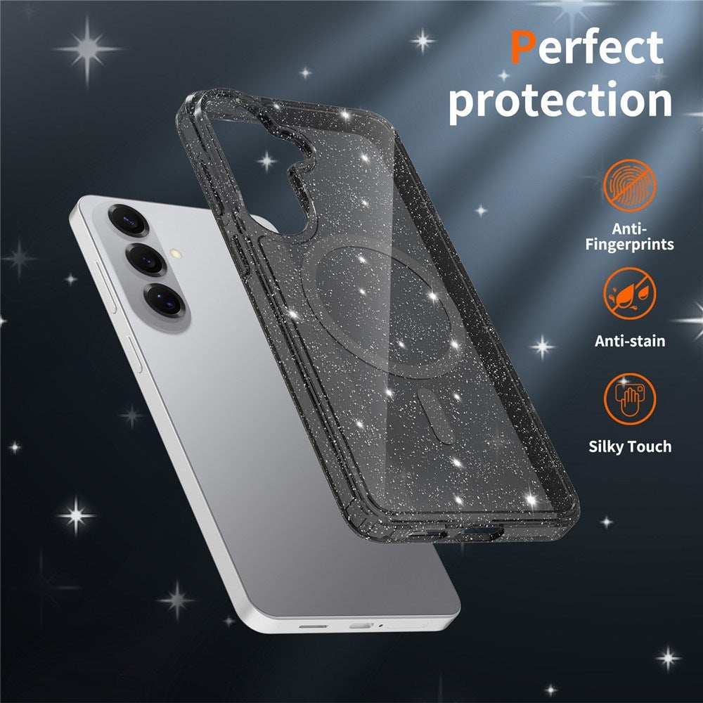 Samsung Galaxy S26+ (Plus) EIDERWOOD Magnetisk Plast Glitter Deksel m. Skjermbeskyttelsesglass – MagSafe Kompatibel – Gjennomsiktig / Svart