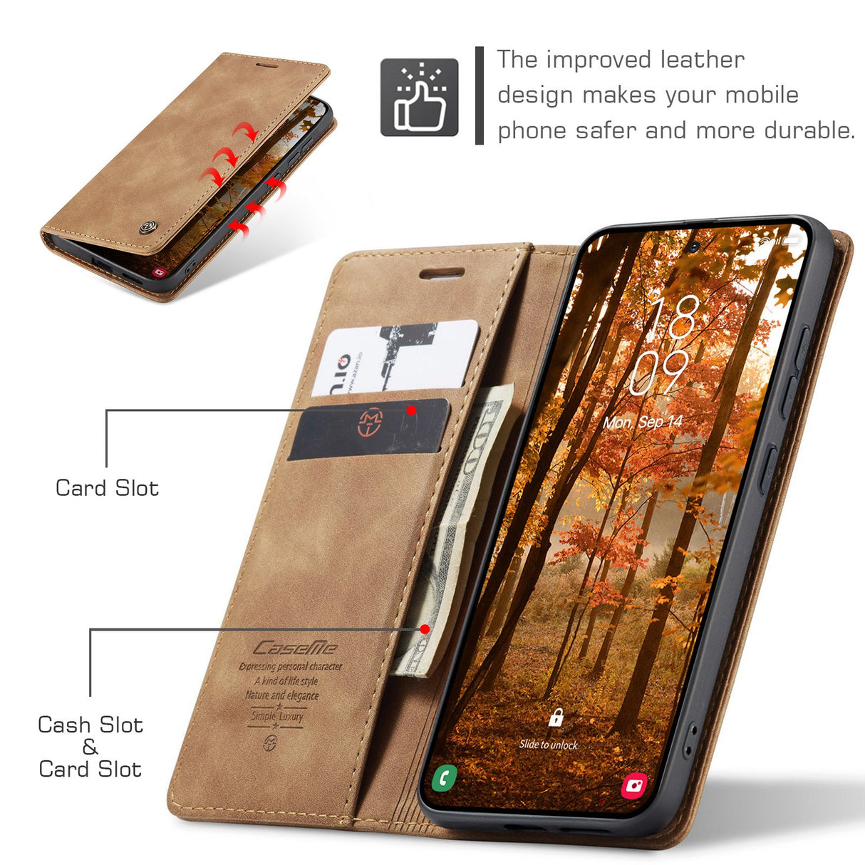 Samsung Galaxy S26 CASEME Kunstskinn Flip Deksel m. Stativfunksjon & Kortholder - Brun