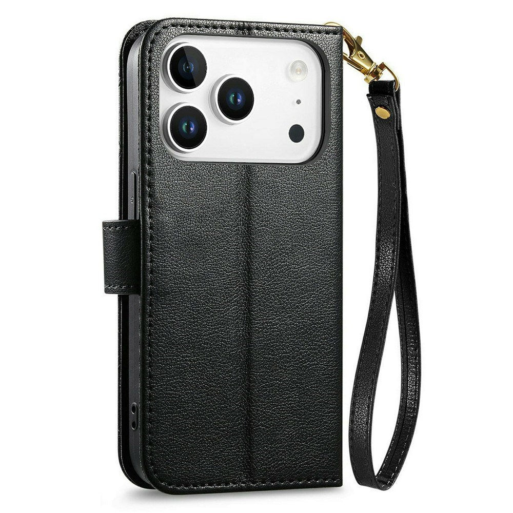 iPhone 18 Pro / 17 Pro EIDERWOOD Kunstskinn Flip Deksel m. Tekstur & Stropp - Svart