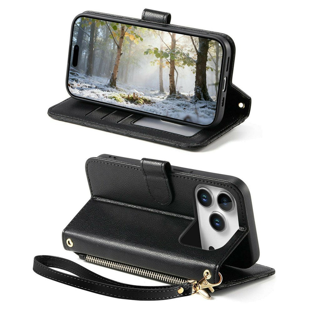 iPhone 18 Pro / 17 Pro EIDERWOOD Kunstskinn Flip Deksel m. Tekstur & Stropp - Svart