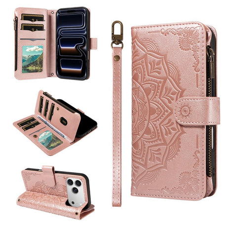 iPhone 17 Pro EIDERWOOD Flippdeksel med 9 Kortholdere - Glidelåslomme - RFDI-Blokkering - Stropp - Rose Gold