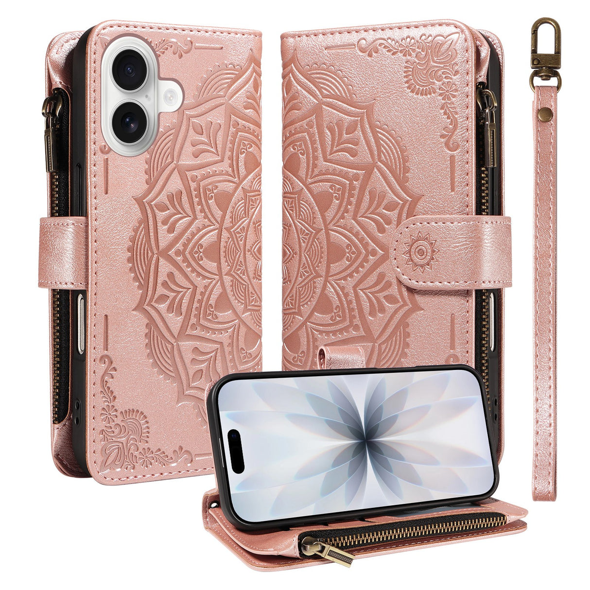 iPhone 17 EIDERWOOD Flippdeksel med 9 Kortholdere - Glidelåslomme - RFDI-Blokkering - Stropp - Rose Gold
