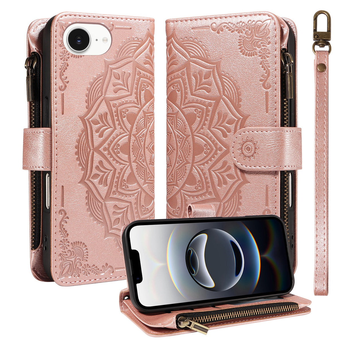 iPhone 17e / 16e EIDERWOOD Flippdeksel med 9 Kortholdere - Glidelåslomme - RFDI-Blokkering - Stropp - Rose Gold