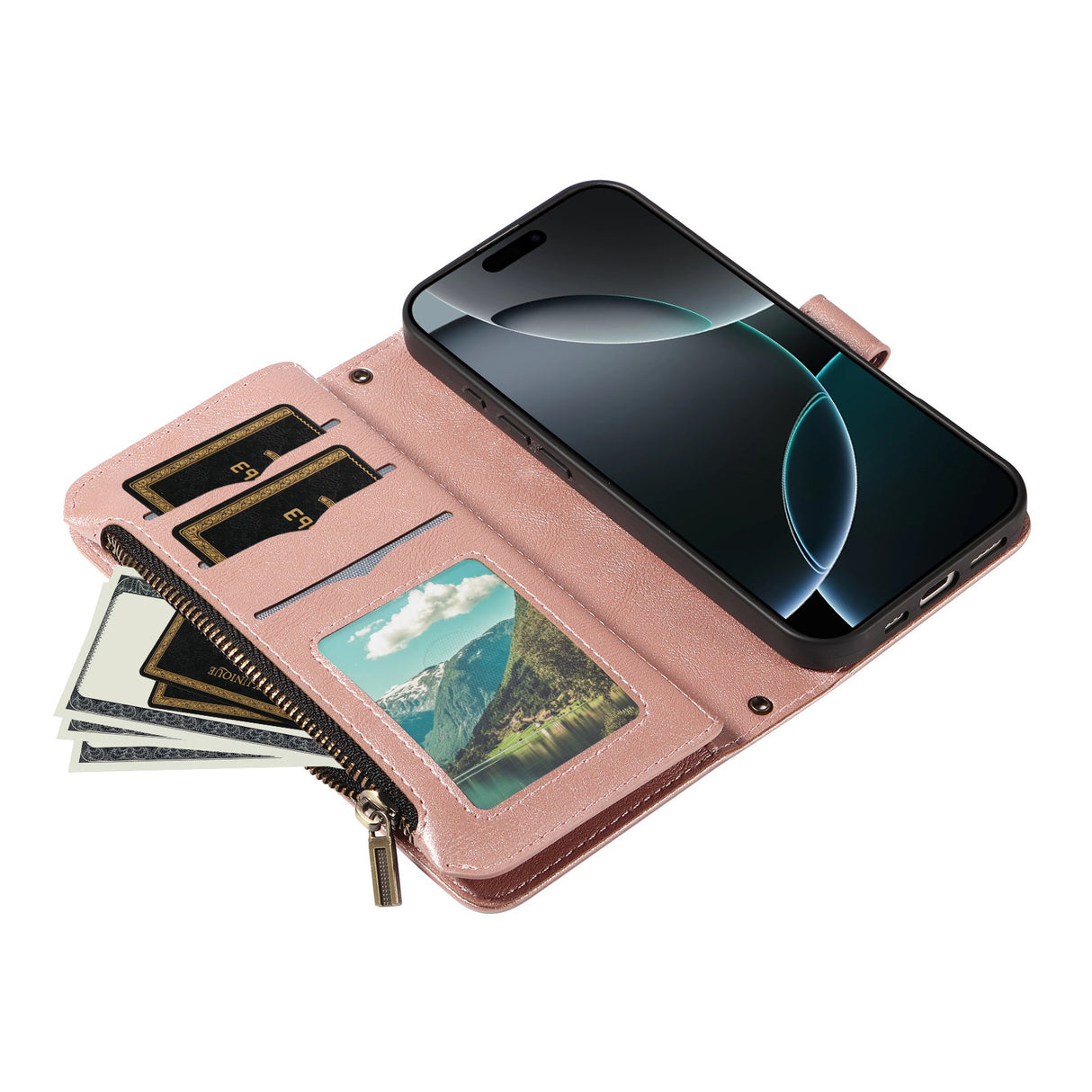 iPhone 17e / 16e EIDERWOOD Flippdeksel med 9 Kortholdere - Glidelåslomme - RFDI-Blokkering - Stropp - Rose Gold