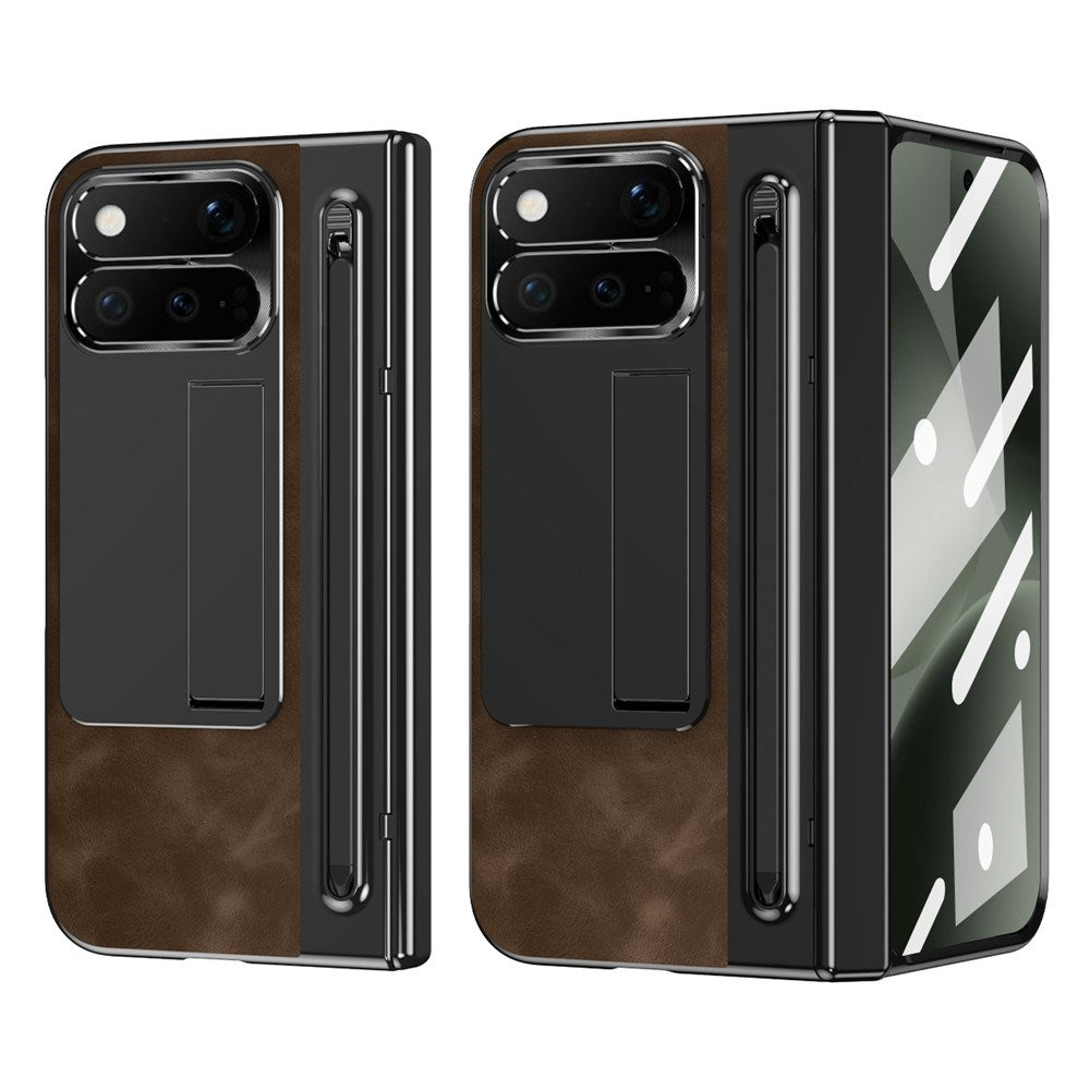 Google Pixel 11 Pro Fold EIDERWOOD Kunstskinndeksel med Herdet Glass – Mørk Brun / Svart