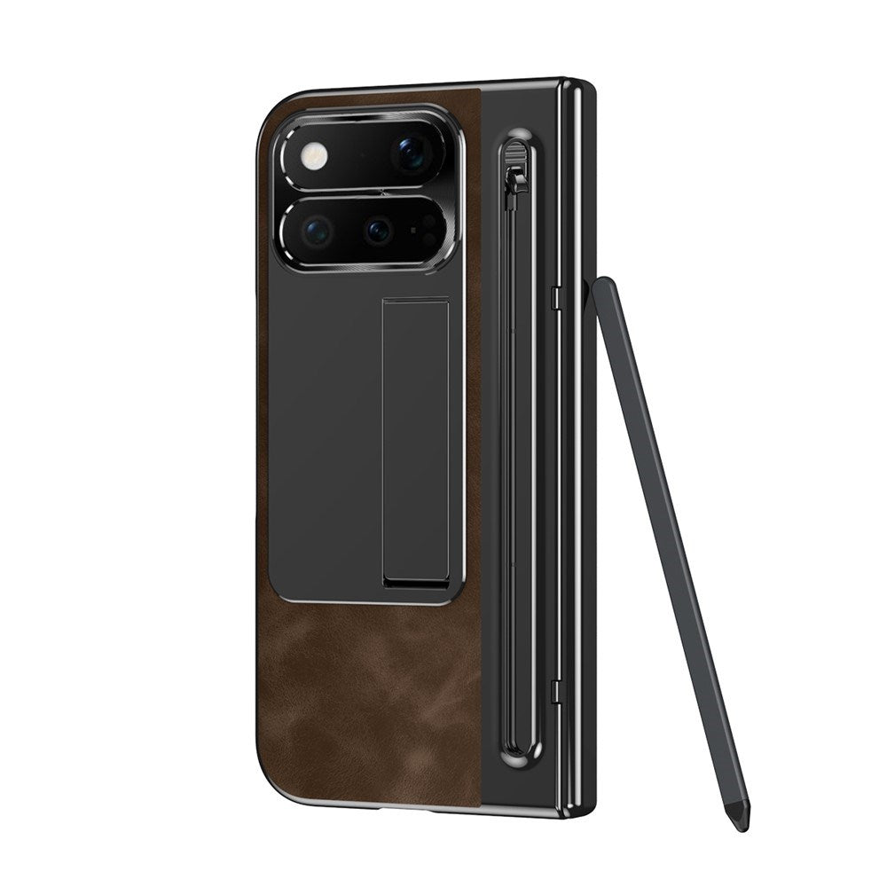 Google Pixel 11 Pro Fold EIDERWOOD Kunstskinndeksel med Herdet Glass – Mørk Brun / Svart