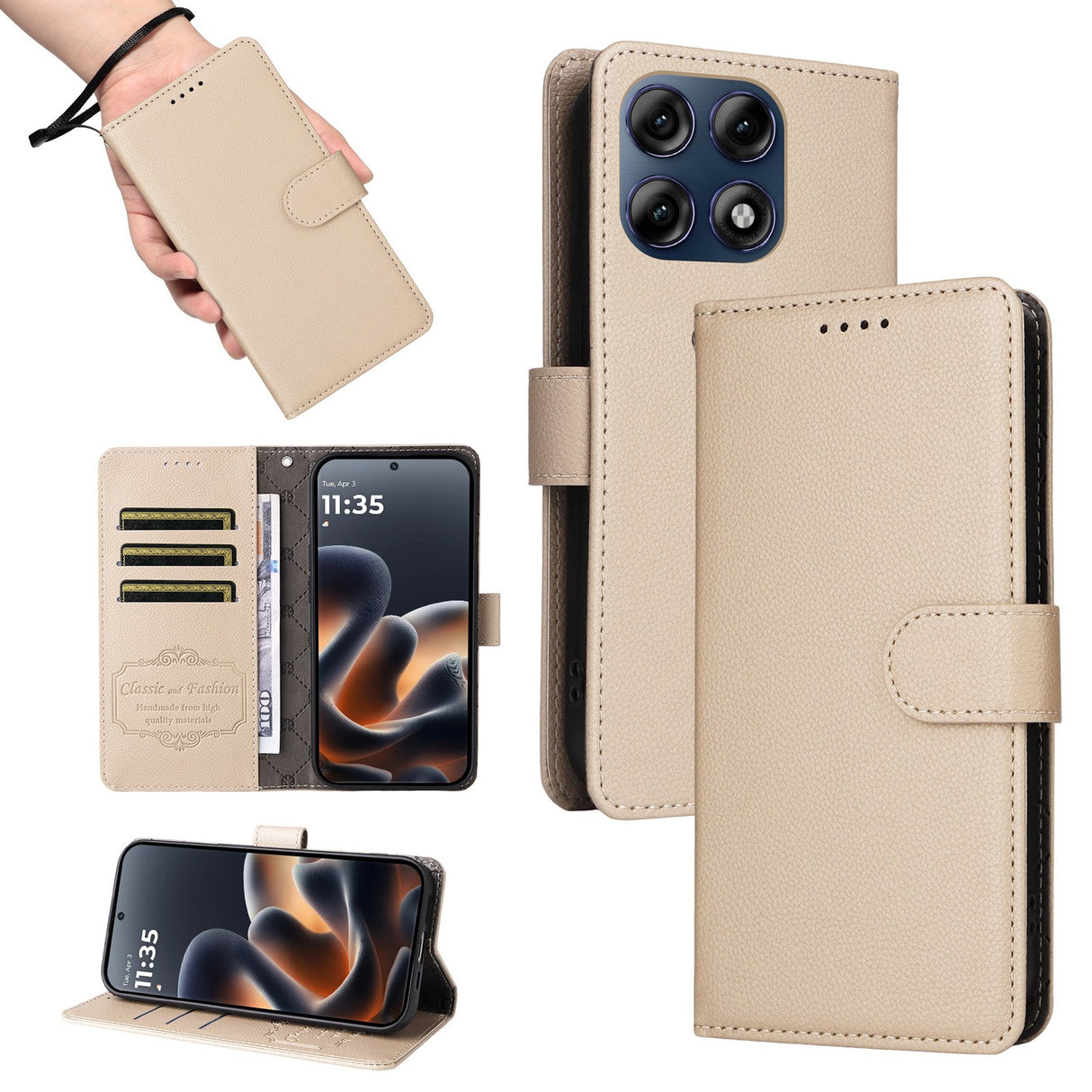 Motorola Edge 70 Pro EIDERWOOD Kunstskinn Flip Deksel m. Stropp - Beige