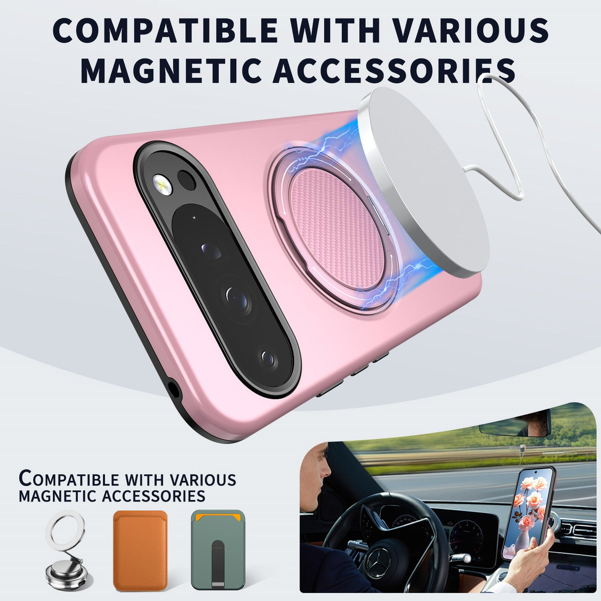 Google Pixel 11 / 11 Pro EIDERWOOD Hybrid Plast Deksel med Roterende Kickstand - MagSafe Kompatibel - Rosa