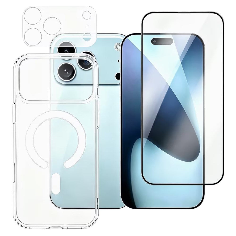 iPhone 18 Pro Max - 360° Beskyttelsessett m. Skjermbeskyttelse | MagSafe Deksel| Kameralinsebeskyttelse - Gjennomsiktig / Svart Kant