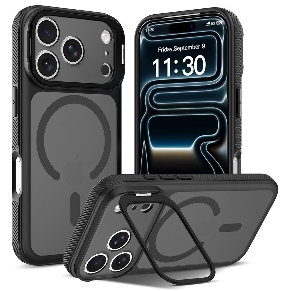 iPhone 18 Pro / 17 Pro Hybrid Plast Deksel m. Støtabsorberende Kanter & Kickstand - MagSafe Kompatibel - Svart