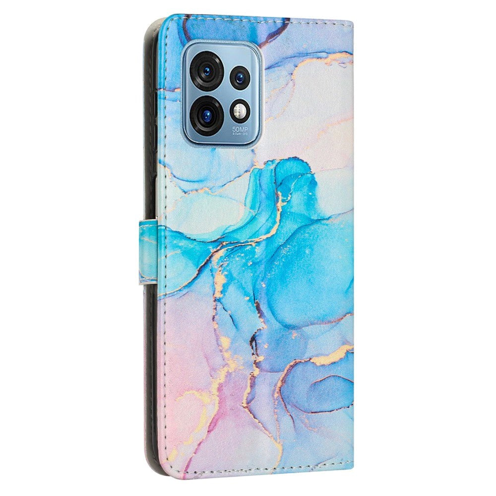 Motorola Edge 40 Pro Skinn Deksel med Lommebok & Stropp - Marmor - Blå / Rosa