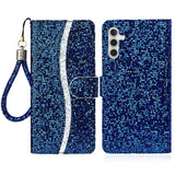 Samsung Galaxy A24 Kunstskinn Deksel med Lommebok og Stropp - Glitter Design - Blå